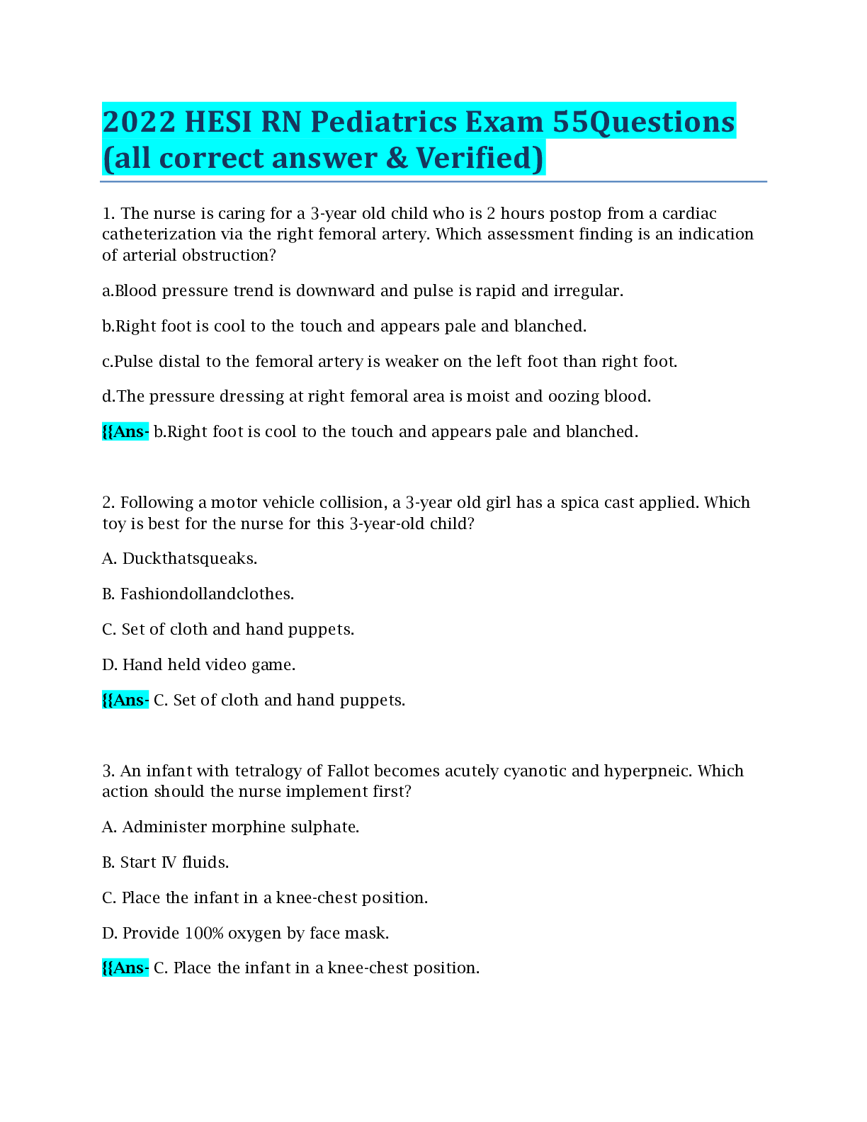 Preview image for 2022 HESI RN Pediatrics Exam 55Questions (all correct answer & Verified)